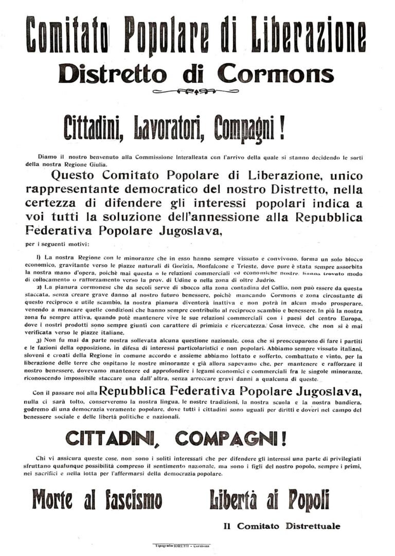 Manifesto del 1946 - Comitato Popolare di Liberazione Cormòns - Annessione alla Jugoslavia